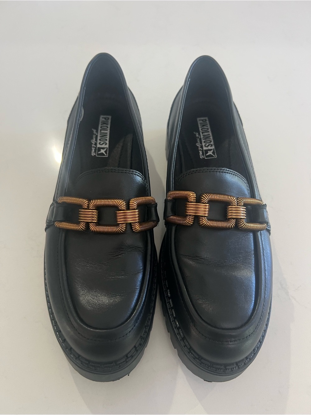 PIKOLINOS Black Leather Loafers with Bronze-Tone Chain Detail Size 7.5 to 8